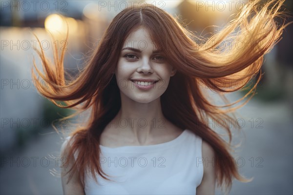 Wind blowing hair of smiling Caucasian woman