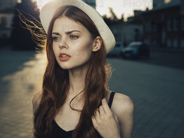 Wind blowing hair of serious Caucasian woman