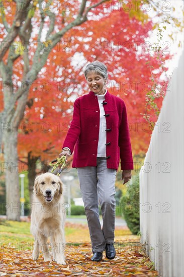 Mixed race woman walking dog