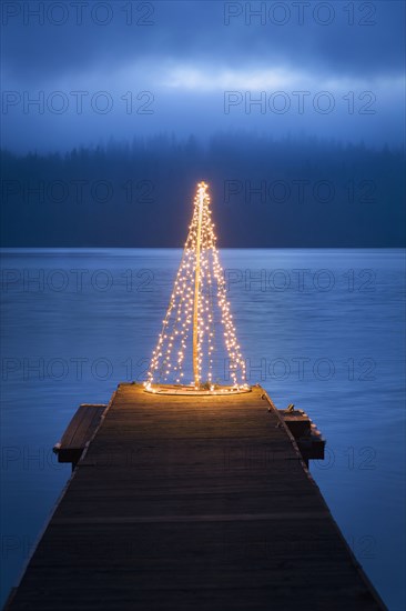 String of lights in tree shape on wooden pier