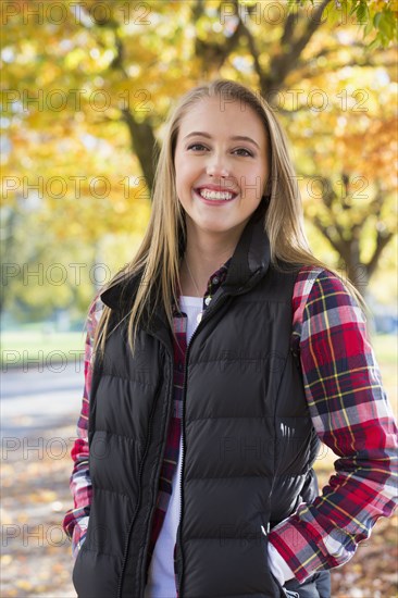 Caucasian woman smiling in park