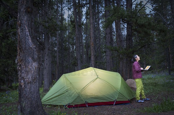 Japanese woman using laptop at campsite