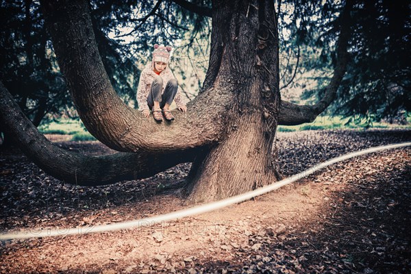 Mixed race girl climbing tree in park