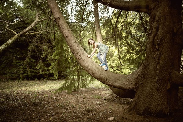 Mixed race girl climbing tree in forest