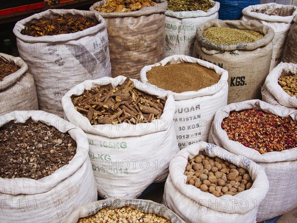 Sacks of spices for sale in market