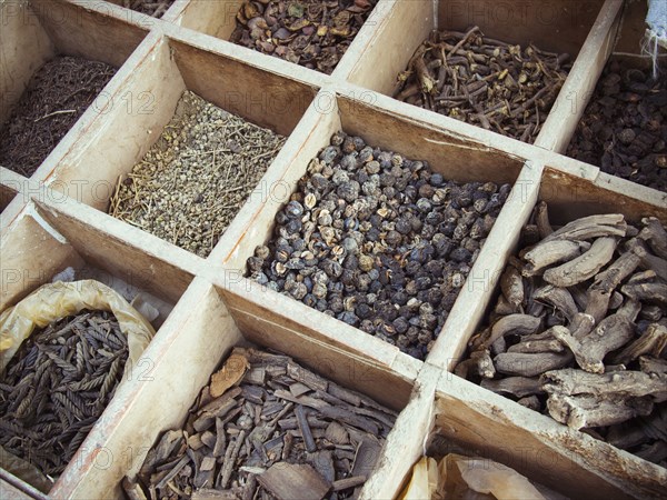 High angle view of dried spices for sale in market