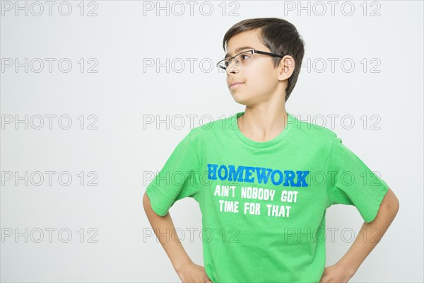 Mixed race boy wearing rebellious t