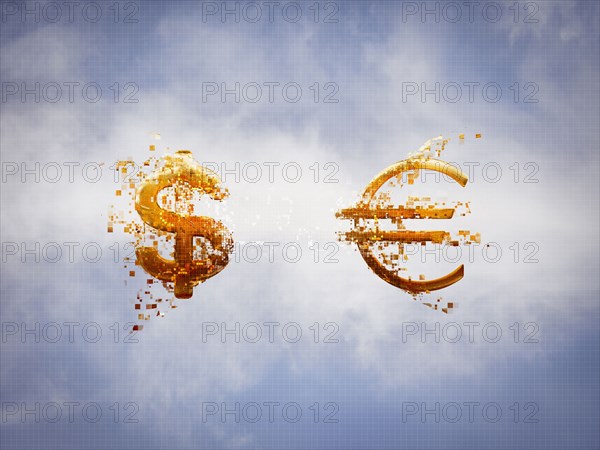Pixelated dollar and Euro signs in sky