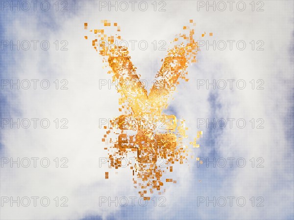 Pixelated yen sign in sky