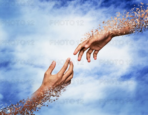Pixelated hands dissolving in sky