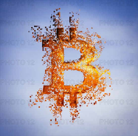 Pixelated bitcoin symbol in sky