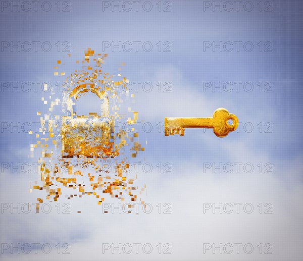 Key and pixelated padlock in sky