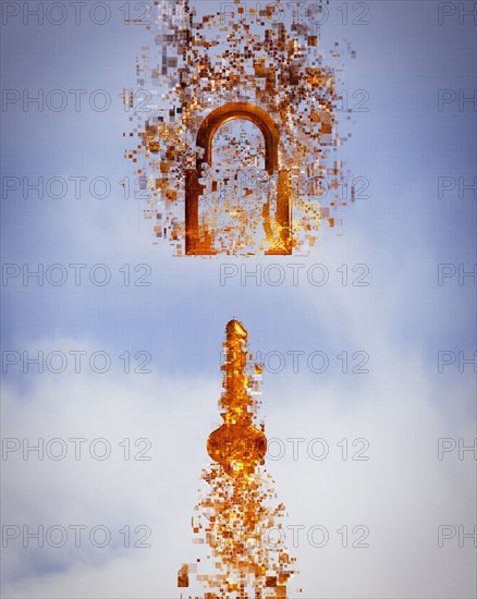 Pixelated key and padlock in sky