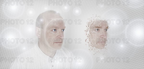 Pixelated Caucasian man in glowing orbs