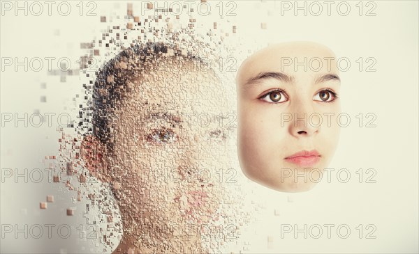 Pixelated mixed race girl with serious expression