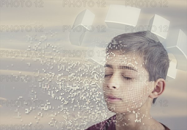 Pixelated mixed race boy with eyes closed