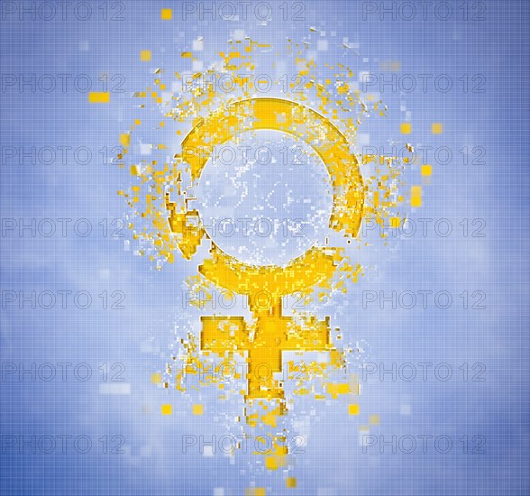 Pixelated female symbol on blue background