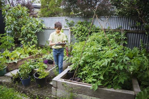 Mixed race boy using digital tablet in garden