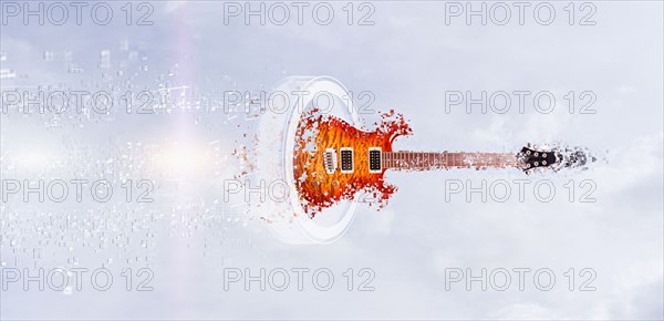Pixelated guitar floating in sky