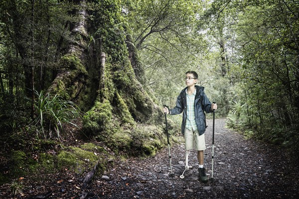 Mixed race boy hiking in forest