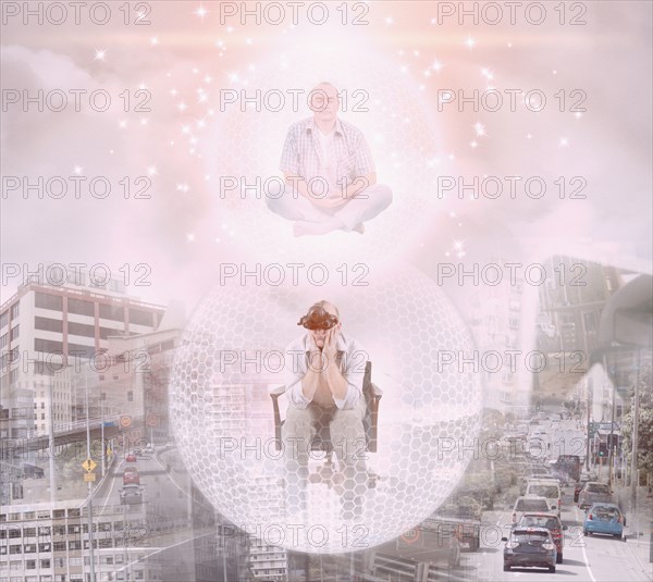 Caucasian man floating in bubble exploring virtual city