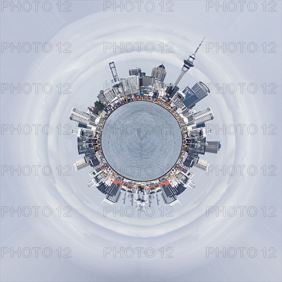 Cross section view of cityscape around globe