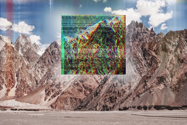 Glitch effect on mountain landscape