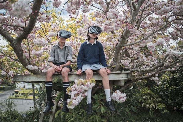 Mixed Race brother and sister sitting in tree wearing virtual reality goggles