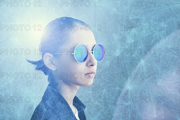 Mixed Race girl wearing sunglasses in cyberspace