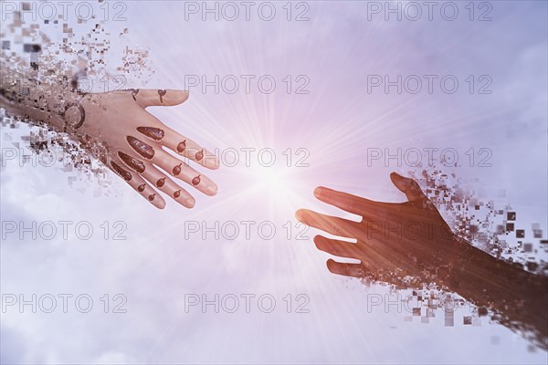 Pixelated robot hands reaching in sky