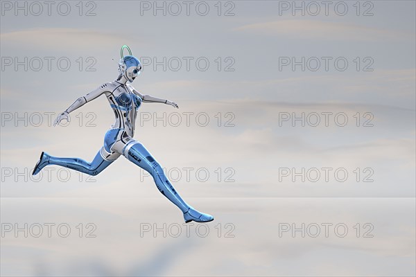Female robot running and jumping
