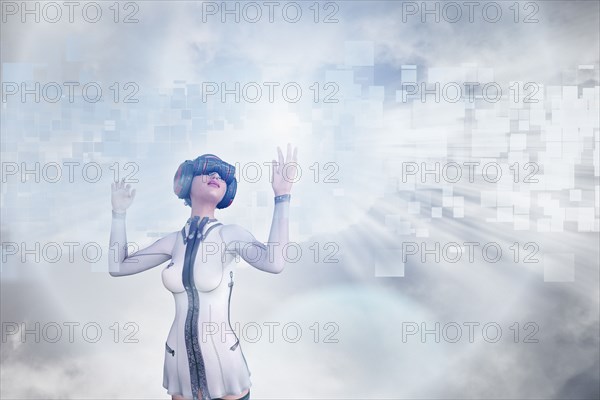 Woman using virtual reality helmet in pixelated sky