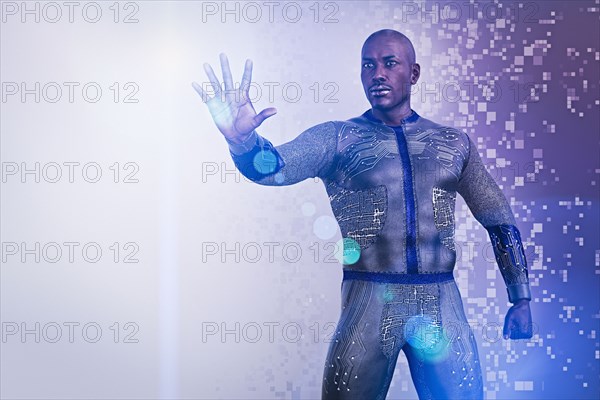 Serious man wearing circuit body suit