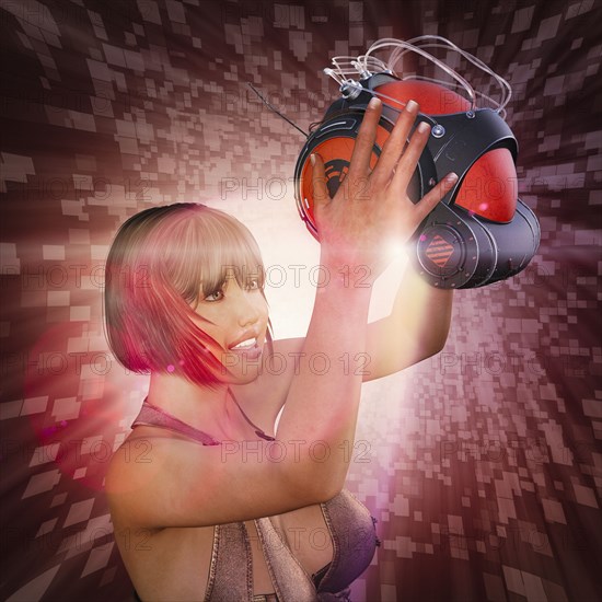 Smiling woman holding glowing virtual reality helmet