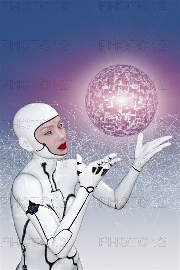 White female cyborg watching floating sphere