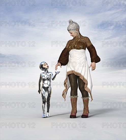 Older woman walking with female girl cyborg