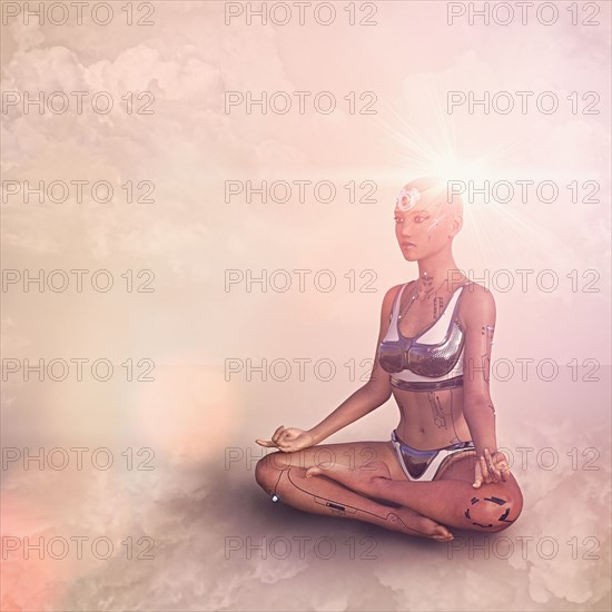 Female cyborg meditating