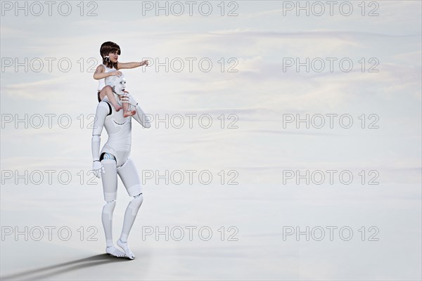 White female cyborg carrying girl on shoulders