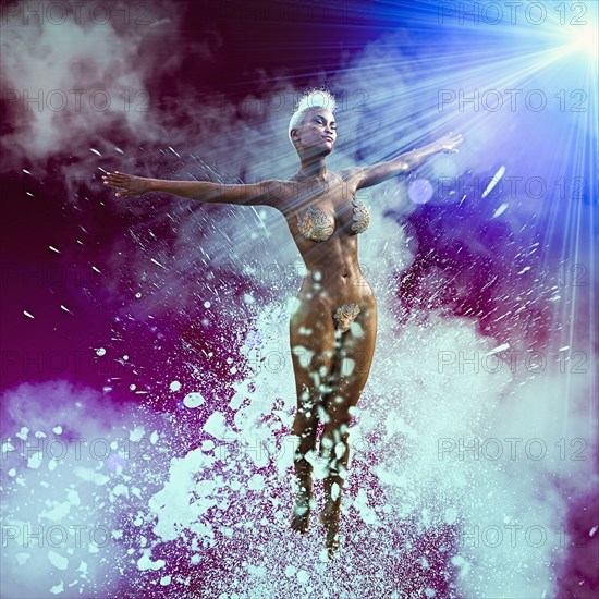 Woman floating in futuristic sky