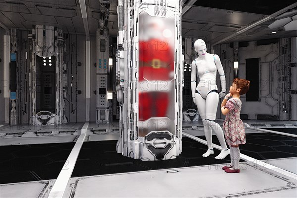 White female cyborg and girl watching Santa in cylinder