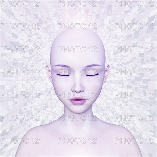 Pixels beaming from shaved-head of futuristic girl