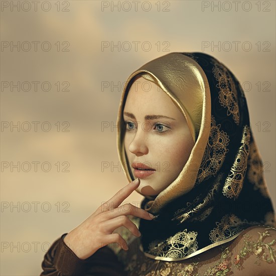 Pensive woman wearing ornate hijab