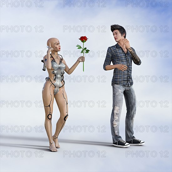 Woman robot offering rose to man