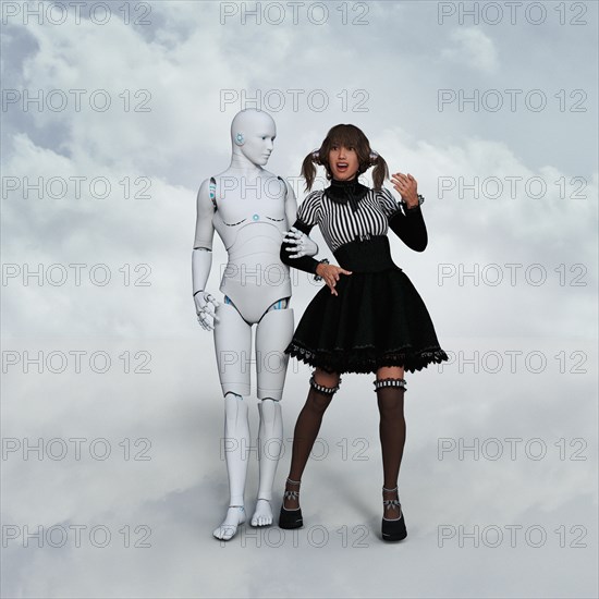 Man robot arm in arm with surprised woman