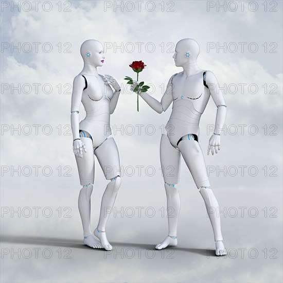 Man robot offering rose to woman robot