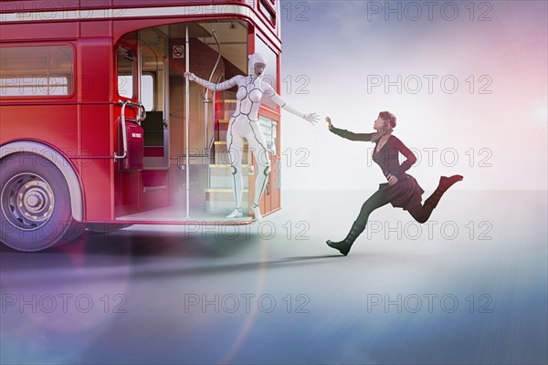 Woman robot reaching for hand of woman running for bus