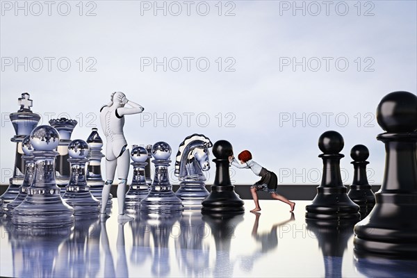 Frustrated robot watching girl playing chess with large pieces
