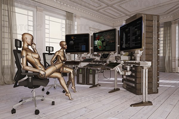 Woman robots watching computer monitors