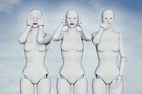 Woman robots covering eyes