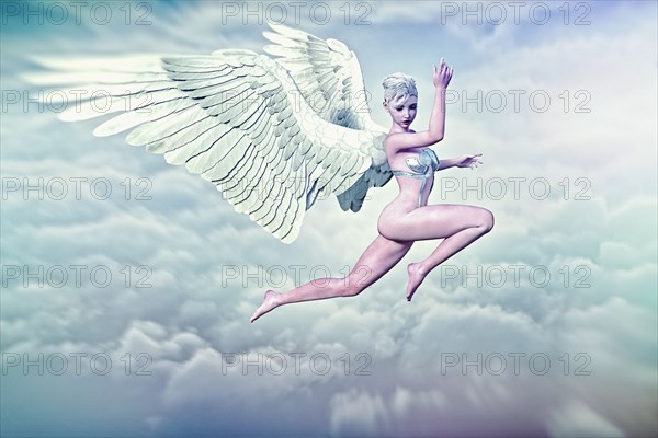 Woman with angel wings flying in clouds